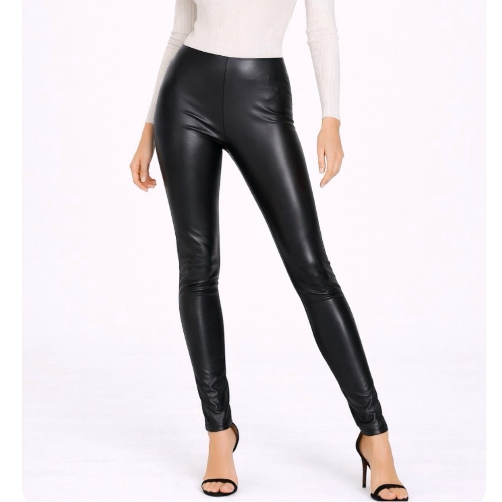 H&M DIVIDED black vegan leather leggings Sz 4 skinny pull on biker pleated